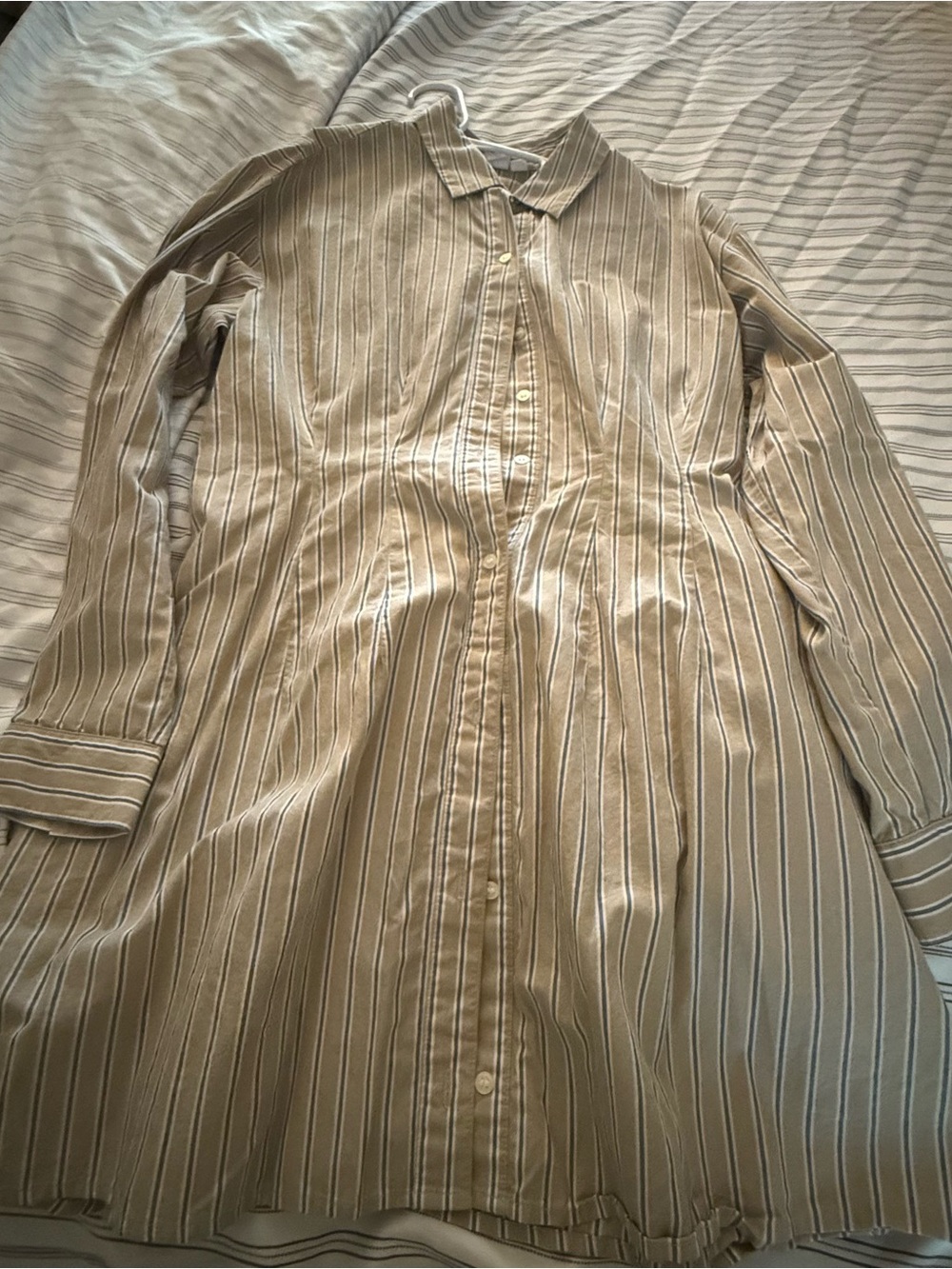 GAP Women's Tan and White Striped Button-Down Shirt Dress